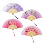 KINBOM 4pcs Folding Hand Fans for Women, Vintage Flower Folding Fan Handheld Hand Fan Foldable Bamboo Material Elegant Chinese Styled Floral with Tassel for Daily Use Party Dance (Pink, Purple)