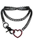 paloli Women's Slip Chain Red Heart O-Ring Chunky Chain Necklace, Gunmetal Cuban Long Layered Jewelry, Adjustable Lariat Y-Necklace Heart Loop Choker