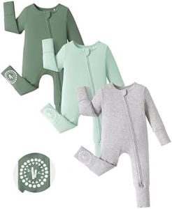 PATPAT Baby Footies Boys Girls - Bamboo Viscose - 2 Way Zipper & Non-Slip Soles Romper Mitten - Footed & Footless Infant Clothes Unisex Jumpsuit 2 Pack Olive/Cyan/Grey 6-9 Months Green/Blue