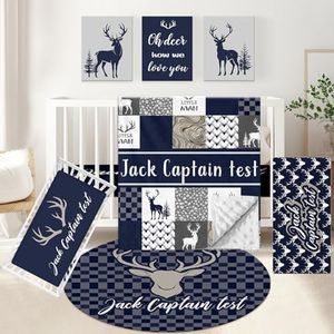 KAINSY Personalized Baby Bedding Set, 5 Pcs Custom Name Crib Bedding Set, Double Layer Blue Nursery Bedding Set for Baby Boys, Woodland Deer Baby Crib Set, Gifts for Toddlers Infants New Parents