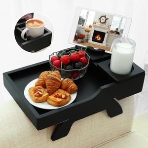 BAMBOOTRAY Sofa Arm Tray Table, Multi-Function Folding TV Trays with 360°Rotating Phone&Pad Bracket, Couch Table Tray for Eating and Drink