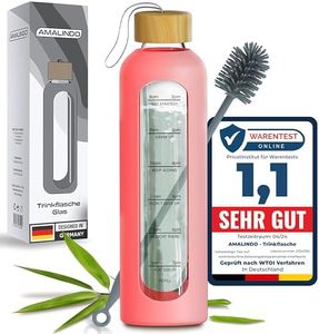 Amalindo Botella de cristal irrompible, 1 l, botella de cristal de 1 litro, botella de cristal de 1 l, botella de agua de 1 litro, botella de agua con funda de silicona y cepillo (sin BPA) – Rosa