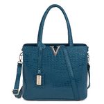 MARK & KEITH Glossy Croco Textured Tote Bag with Zip Closure For Women | Detachable & Adjustable Sling Strap | Shoulder Bag For Women (Blue)