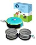 KALLAK Collapsible Twin Pet Bowls for Dogs or Cats, Double Silicone Dog Bowls for Food and Water Feeding, Foldable Multifunctional Zip Up Carry Case with Carabiner Clip, Portable Travel Dog Bowls