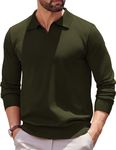 COOFANDY Mens Knit Polo Shirts Long Sleeve Polo Collared Sweaters Classic 3 Button Pullover Dark Green