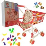 Shopping Cart for Kids, Toy Shopping Cart with Basket & 24pc Food Set Small Shopping Cart Toy, Folding Kids Shopping Cart, Toddler Shopping Cart, Little Kids Grocery Cart for Baby Dolls and 18” Doll