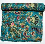 Twin/Queen/King Floral Multicolor Handmade Crown Mukut Print Kantha Quilt Kantha Blanket Bed Cover King Kantha Bedspread Bohemian Bedding Cotton Kantha (Bottle Green, Queen/King 90X108 inch)