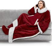 PAVILIA Sherpa Blanket with Sleeves, Foot Pocket for Women Men Adults, Thick Wearable Blanket Throw Wrap, Fleece Warm Snuggle Blanket Robe, Cozy Gift Ideas Wife Mom, Dark Red