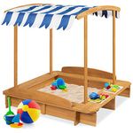 Best Choice Products Wooden Cabana Sandbox w/ Bench Seats, UV-Resistant Canopy, Sandpit Cover, Side Buckets - Natural