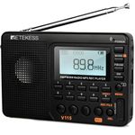 Retekess V115 Portable Radio, Pocket Radio, AM FM SW, Recorder, MP3 Support TF Card, Headphone Jack, Sleep Timer, LCD Backlight (Black)