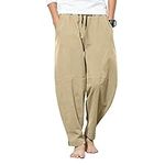 Halfword Men Linen Trousers Loose Yoga Baggy Sweatpants Cotton Drawstrings Elasticated Waist Beach Pants Khaki 2XL