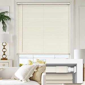 LazBlinds No Tools No Drill 1" Vinyl Mini Blinds, Cordless Blinds for Windows, Light Filtering Horizontal Window Blinds & Shades, 27" W x 48" H, Cream