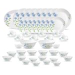 La Opala Diva Classique Collection Opal Glass Crockery | for Family of 8 | Dinner Set 53 pcs Blue Daisy | Plates, Bowls & Cups for Dining | Microwave Safe | 100% Vegetarian | Extra Strong | White