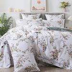 FADFAY Duvet Cover Set Twin Floral Bedding Percale Cotton 600 TC Shabby Vintage Reversible White Olive Green Leaf Flower Print Comforter Luxury Soft Breathable Girls Farmhouse 3 Pcs, Oil Green