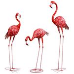 Flamingo Garden Statues and Sculptures, Metal Birds Yard Art Outdoor Statue, Set of 3 Large Red Flamingo Lawn Ornaments for Home, Patio, Backyard (Large)