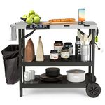 GOFLAME 3-Shelf Outdoor Grill Dining Cart, Movable Food Prep Cart Table with Adjustable Shelf, Stainless Steel Top, Kitchen Island on 2 Wheels, Heavy Duty BBQ Flattop Worktable Black, Silver