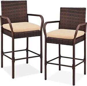 Best Choice Products Set of 2 Wicker Bar Stools, Indoor Outdoor Bar Height Chairs w/Cushion, Footrests, Armrests for Backyard, Patio, Pool, Garden, Deck - Brown