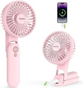 EasyAcc Portable Fan for Travel,Rechargeable Handheld Fan, 5 Speed Ultra Quiet 3-18H with Backup Power Battery Digital Display Foldable Personal Fan Lanyard Neck Fan Hot Flashes Gift Outdoor Pink