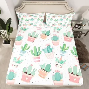 Feelyou Cute Cactus Bed Sheet Set for Girls Kids Bedroom Gift Child Boho Succulent Fitted Sheet Tropical Botanical Pattern Bedding Set Watercolor Pastel Pink Green Decor 2 Pcs TwinXL Size