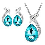 Txibikn 3PCS Shiny Fashion Crystal Rhinstone Teardrop Pendent Chain Necklace Stud Earrings Jewelry Set for Women Lady Wife Wedding Birthday Party Prom Gifts (Sky Blue)