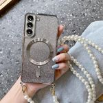 Pearl Crossbody Lanyard Magnetic Case For Samsung Galaxy S24 S23 S22 S21 S20 Ultra FE Plus Wireless Charge Cover,Silvery,For Samsung S22