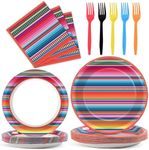 100PCS Mexican Serape Fiesta Party Plates and Napkins Party Supplies Colorful Stripes Mexico Platters Tableware Set Party Decor Favors for Mayo Dance Pinata Taco Colorful Ponchos Theme Party Serves 25