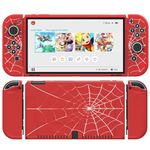 JINGDU Protective Case Compatible with Nintendo Switch OLED 2021, TPU Case Accessory for Switch Console and Grip Joy-Con, Switch Protector with 4 Thumb Grips, Red Spider Web