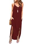 AUSELILY Women Summer Spaghetti Strap Dress Casual Maxi Dress V Neck Sleveless Long Dress with Split Floral Beach Cover Up Sundress with Pockets Wine Red S