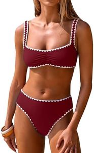 ANRABESS Womens Bikini Sets Two Piece Swimsuit Ribbed Front Ruched Mid Waisted Bathing Suit Color Block 2026 Beach Swimwear Deep Red L