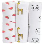 Organic Cotton Muslin Pack of Baby Bath Towel/Swaddle Wrap/Blanket120 cm X 120 cm_Watermelan, Ziraf & Panda