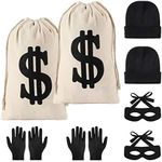 Yaromo 8 Pieces Robber Costume Set,Include Canvas Dollar Sign Money Bags Bandit Eye Mask Knit Beanie Cap Gloves for Halloween Cosplay Burglar Theme Party