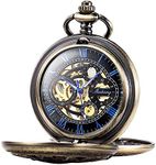 Pocket Watch Skeleton Mechanical Double Case Hand-Wind SIBOSUN Roman Numerals Antique Chain Mens (Bronze Blue)