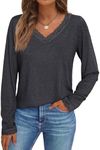 AUTOMET Long Sleeve T Shirts for Women Lace V Neck Casual Cute Tops Loose Fit Fall Winter Basic Clothing, BlackGrey, L