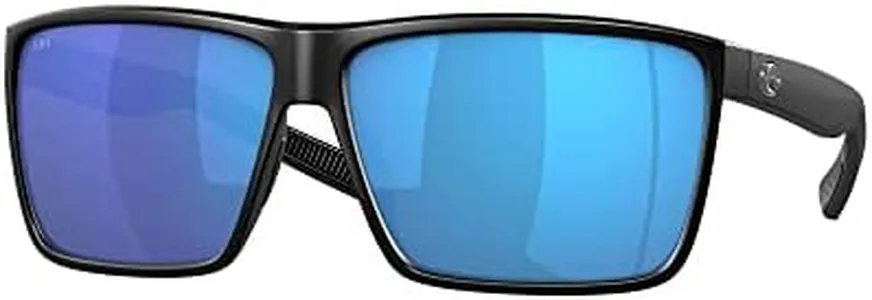 Costa Del Mar Mens Rincon Fishing and Watersports Rectangular Sunglasses, Black/Polarized Blue Mirrored 580G, 63 mm