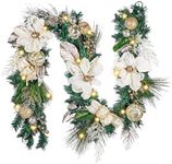 Valery Madelyn 6 feet Pre-Lit Christmas Garland with Lights for Mantle, Lighted Battery Operated Xmas Garland with White Gold Ball Magnolia for Front Door Fireplace Table Centerpiece Window Home Decor