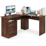 COSTWAY L-Shaped Computer Desk, 150cm Modern Large Corner Desk Writing Study Table with Drawers, Open Compartment & 2 Cable Management Holes, Home Office PC Laptop Gaming Workstation (Walnut)