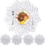 MI CASA 8 Pcs Round Placemats and Coaster Sets Leaf Silver PVC 4 Table Placemats + 4 Coasters Vinyl Heat Resistant Anti-slip and Washable Place Mats for Kitchen Wedding Christmas Table Decoration