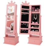 COSTWAY Free Standing Full Length Mirror, Kids Jewelry Cabinet Armoire with 3 Storage Drawers, Adjustable Tilt Angles, Child's Vanity Dress Up Mirrors for 3 + Years Old (Pink)