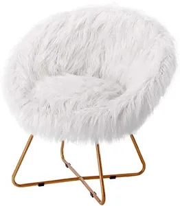 BIRDROCK HOME White Faux Fur Chair with Pale Gold Legs for Dorm Room, Teens Bedroom - Fuzzy Papasan Chair - Comfy Wide Cushion Seat - Accent Chair - Moon Chair - Metal - Fluffy Round Seat - White