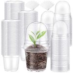 Queekay 100 Pieces Plant Nursery Pots with Humidity Dome 4 Inch Clear Nursery Pots Transparent Plastic Gardening Pot Seed Starter Pots Small Planter Containers with Drain Holes with 100 Plant Labels