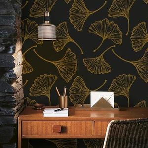 CiCiwind Peel and Stick Wallpaper Black Gold Wallpaper Ginkgo Leaves Contact Paper 17.3In×118In Removable Self-Adhesive Wallpaper for Bedroom Bathroom Modern Luxurious Vinyl Film