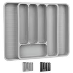 WELTRXE Silverware Drawer Organizer, Expandable Utensil Tray for Kitchen Drawer Organizer, Cutlery and Flatware Holder for Forks, Knives, Adjustable Plastic Kitchen Organizers Storage Solution, Grey