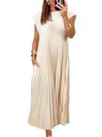 HOULENGS Women's 2024 Casual Short Sleeve Pleated Maxi Dress Loose Fit Crewneck Flowy Long Dress with Pockets, Beige, Medium