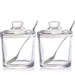 Frcctre Set of 2 Clear Glass Sugar Bowl, 6 Ounces Sugar Jar with Spoon and Lid, Salt Spice Pepper Bowl Seasoning Jar Condiment Pots Dispenser Container for Home Kitchen Restaurant Coffee Bar