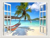 THNWSY 3D Self-Adhesive Painting Fake Window Wall Stickers Tropical Island with Palm Trees Wall Mural Window View Wall Decor for Home (Palm Beach 2, 32"×48")