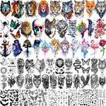 LAROI 66 Sheets Cool Small Black And Multicolor Temporary Tattoos For Women Men, 3D Lion Wolf Tiger Skeleton Watercolor Long Lasting Temp Fake Tattoo Stickers For Adults, Snake Moon Tattoo Dragon