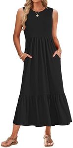 WNEEDU Womens Summer Dresses 2024 Sleeveless Maxi Dress Crewneck Casual Flowy Tiered Swing Dress with Pockets, Black XL