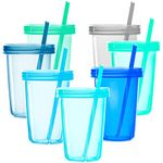 Youngever 7 Sets Plastic Kids Cups with Lids and Straws, 7 Re-usable Toddler Cups with Straws in 7 Coastal Colors