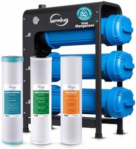 iSpring WHO32BM Iron Manganese Whole House Water Filter System, Horizontal Housings & Drain Valve for Mess-Free Filter Changes, Also Reduces Chlorine, Sediment, 20" x 4.5" Filters, Freestanding Frame