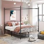 Panana Metal Canopy Bed Frame Double Size 4 Poster Platform Bed with Headboard&Footboard Home Modern Bedroom Furniture(Black)